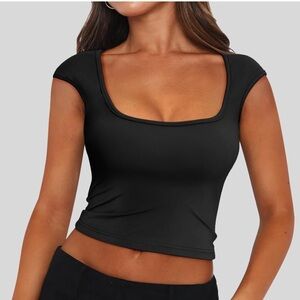 Crop Top T Shirt Womens Medium Black Y2K Summer Basic Reversible Tee Top D1